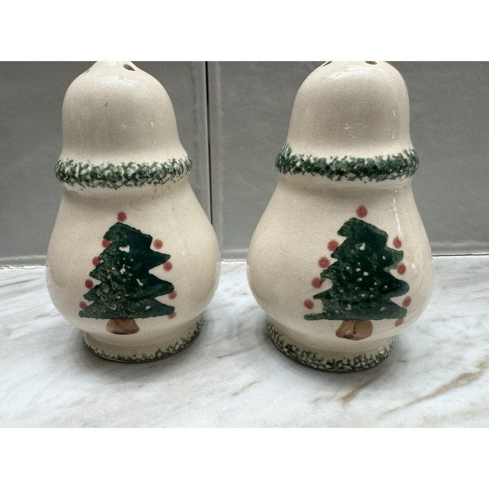 Vtg Salt & Pepper Shakers‎ with Painted CHRISTMAS TREE  - Glazed Stoneware